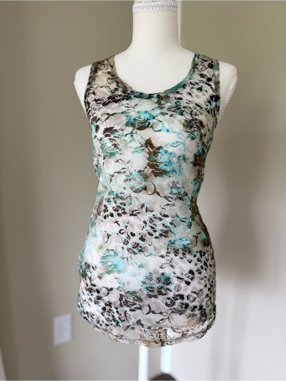 Vintage Y2K Almost Famous Floral Lace Tank sheer Top Teal Brown floral cheetah - Picture 3 of 9